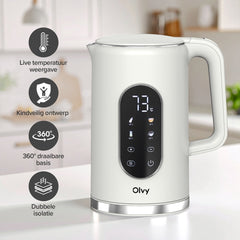 Waterkoker met Temperatuurregeling - Warmhoudfunctie - RVS - Dubbelwandig - Elektrisch - 1.7 Liter - 2200W - Crème - Olvy