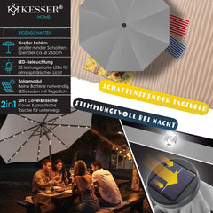 KESSER® Parasol LED Solar - Verstelbaar - Buigbaar - Lichtgrijs