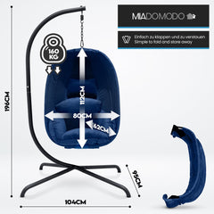 MIADOMODO® Swing Egg Chair - Kussen & Standaard, Max. Belasting 160 kg, Verstelbare Hoogte, IJzeren Frame, Blauw - Cocoon Hangmat met Kussen, Hangmandstoel, Tuinmeubilair, Terras, Tuin
