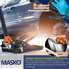 MASKO® krik hydraulische vlakke hefhoogte garagekrik + 2x rubber pads + handschoenen autokrik rangeerkrik hydraulische 360° rollen auto krik onder standaard - 3 Ton - Oranje