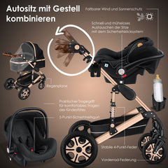 Kinderwagen 3 in 1 - Buggy - Wandelwagen - Kinderbuggy - Champagne - KESSER®