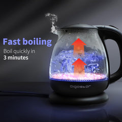 Waterkoker glas - met LED - Elektrisch - 1L - 2200W - Zwart •