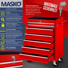 Masko® Werkplaatswagen - Gereedschapswagen - 7 vakken - Rood
