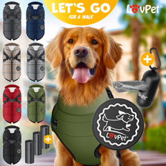 LOVPET® Hondenjas Hondenvacht met Harnas Waterafstotend, incl. 45 Stuks Poepzak + Dispenser, Winter Vest Hond Waterdicht Gevoerd, Gewatteerd Vest Met Borstband, Reflectoren, D-Ring - Khaki / L