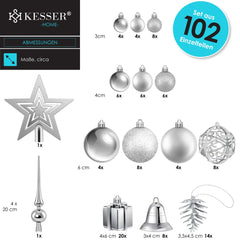 KESSER® Kerstballen plastic 102-delige Kerstversiering Set - Kerstboomversiering Kerstboom Decoratie - Zilver