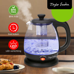 Waterkoker glas - met LED - Elektrisch - 1L - 2200W - Zwart