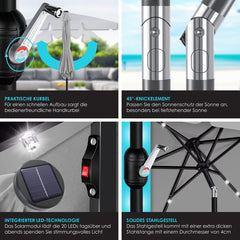 KESSER® Parasol LED Solar Stokparasol met Zwengel Incl. 2in1 Beschermhoes Transporttas, Tuinparasol, Parasol voor Balkon Tuin & Terras Verstelbaar Buigbaar Balkonparasol - Hoekig, Lichtgrijs