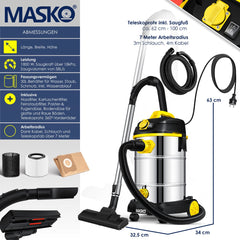 MASKO® Industriële stofzuiger 1800W - Droog- & Natzuigen - Geel