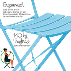 KESSER® Bistroset 3-delige Tafel met 2 inklapbaar stoelen - Balkonset Bistrotafel Bistrostoel Vouwmeubels Tuinset Zitgroep Metalen Tuintafel - Lichtblauw