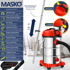 MASKO® Industriële stofzuiger 2300W - Droog- & Natzuigen - Rood