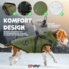 LOVPET® Hondenjas Hondenvacht met Harnas Waterafstotend, incl. 45 Stuks Poepzak + Dispenser, Winter Vest Hond Waterdicht Gevoerd, Gewatteerd Vest Met Borstband, Reflectoren, D-Ring - Khaki / L