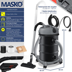 MASKO® Alleszuiger 6IN1 Nat- en Droogzuiger 2300W + stopcontact, Blaasfunctie, Droog- & natzuigen | Industriële stofzuiger vuilreservoir 30L Bouwstofzuiger - Grijs