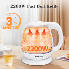 Waterkoker glas - met LED - 1L - 2200W - Wit - Aigostar