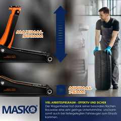 MASKO® krik hydraulische vlakke hefhoogte garagekrik + 2x rubber pads + handschoenen autokrik rangeerkrik hydraulische 360° rollen auto krik onder standaard - 3 Ton - Oranje