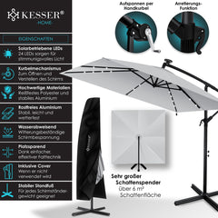 KESSER® Zweefparasol met voet - LED - Ø2.5m - 360° Draaibaar - Lichtgrijs