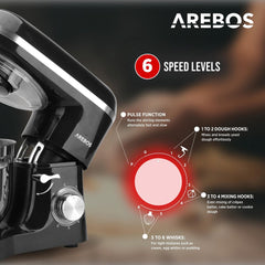 AREBOS Keukenmachine - 1500W - Keukenrobot - 6L - Keukenmixer - Foodprocessor - Roestvrij Stalen Mengkom - 6 Snelheden - Zwart •