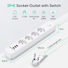 Stekkerdoos met USB - Verlengsnoer - Verlengkabel - 5M - Wit - Aigostar