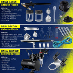 MASKO® Airbrush Set met Compressor - 4 bar double action - Zwart