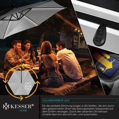 KESSER® Zweefparasol met LED Solar Verlichting en voet 350cm x 350cm - Parasol 360° Draaibaar Incl. Beschermhoes Tuinparasol Zonne-energie - Lichtgrijs Ø 3,5m