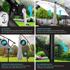 KESSER® Zweefparasol met LED Solar Verlichting en voet 350cm x 350cm - Parasol 360° Draaibaar Incl. Beschermhoes Tuinparasol Zonne-energie - Lichtgrijs Ø 3,5m