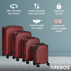 AREBOS Set van 4 reiskoffers Hard-shell koffers Set koffers S-M-L-XL Rood