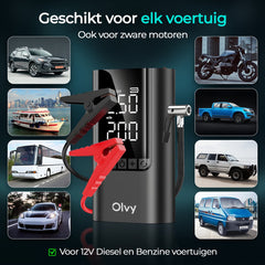 12V Jumpstarter voor Auto - met Compressor - 1500A - 4-in-1 Starthulp met Powerbank, LED Zaklamp en SOS Noodlicht - Startkabels met Accu - Startbooster - Olvy