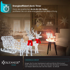 KESSER® Kerstverlichting 240 LED´s 2x Rendier met Slee - lichtslang met timer voor buiten en binnen - LED Lampjes Kerstversiering kerstdecoratie - Wit (Wit LED´s)