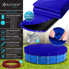 KESSER® Zwembadafdekking - Solar folie - Afdekzeil - Zwembadzeil gemaakt van 200g/m² PE-materiaal Incl. staalkabel + kabelspanner met oogjes Zonneafdekking UV-bestendig zomer & winter - Rond, 366 cm, Blauw / Zwart