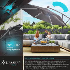 KESSER® Zweefparasol met voet - LED - Ø 3m - 360° Draaibaar  - Antraciet •