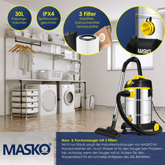 MASKO® Industriële stofzuiger 1800W - Droog- & Natzuigen - Geel