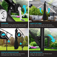 KESSER® Zweefparasol met LED Solar Verlichting en voet 350cm x 350cm - Parasol 360° Draaibaar Incl. Beschermhoes Tuinparasol