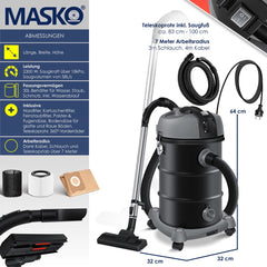 MASKO® Industriële stofzuiger 2300W - Droog- & Natzuigen - Antraciet