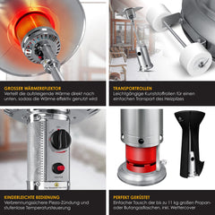 KESSER® Gas Terrasverwarmer 14kW Gaskachel - mobiele Kachel Verwarming met Gas Heater Terras Verwarmer inclusief beschermhoes butaan- of propaan Gasflessen tot 11 kg - Zilver (Roestvrij Staal) •