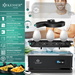 KESSER® Eierkoker electrisch voor 6 Eieren | Elektrische Eierkoker 400W van roestvrij staal met Timer en Maatbeker & 2x kom voor omelet BPA-vrij - Zwart