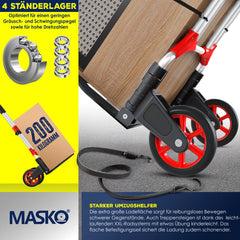MASKO® Steekwagen opvouwbaar 200 kg Laadvermogen - Massief Rubber Wielen + 2x Uitzettouwen + Handschoenen - In Hoogte Verstelbare Handgreep - Ruime Laadruimte - Aluminium Transportkar - Rood