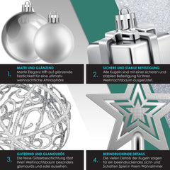 KESSER® Kerstballen plastic 102-delige Kerstversiering Set - Kerstboomversiering Kerstboom Decoratie - Zilver