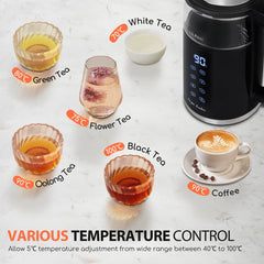 Waterkoker met temperatuurregeling - met LED - 1.7L - 2200W - Zwart •