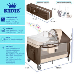 KIDIZ® Campingbedje Reisbedje Reiswieg Babybedje 3 in 1 Combi Set Ledikant met Verschoningsmatje Klamboe Kinderbox Baby vanaf de geboorte tot 15 kg Luchtige zijwanden met zijingang Opvouwbare Draagtas - Bruin