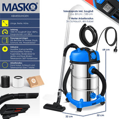 MASKO® Industriële stofzuiger 2300W - Droog- & Natzuigen - Blauw