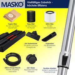 MASKO® Industriële stofzuiger 1800W - Droog- & Natzuigen - Blauw