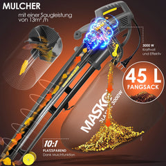 MASKO 3in1 Bladblazer - Bladzuiger 3000W - 45L opvangzak - Antraciet / Geel