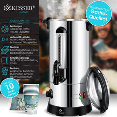 KESSER® Gluhweinketel 10 Liter - Elektrische Ketel voor Gluhwein - Glühweinketel Roestvrij Staal Incl. 10x Mokken Warm Dranken Dispenser voor Glühwein met Thermostaat Water Koker - Zilver