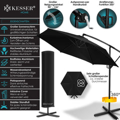 KESSER® Zweefparasol met voet - Ø3m - 360° Draaibaar - Zwart