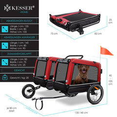 Hondenfietskar - Hondenkar - Fietskar hond - tot 40 kg - Rood •