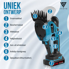 Vesto® Accu heggenschaar - Incl. Buxusschaarmes, Grasschaarmes & Schoonmaakdoek - Elektrische Grasschaar - Draadloze Snoeischaar - Heggenknipper