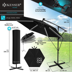 KESSER® Zweefparasol met LED Solar Verlichting en voet 350cm x 350cm - Parasol 360° Draaibaar Incl. Beschermhoes Tuinparasol