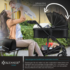 Kinderwagen 3 in 1 - Buggy - Wandelwagen - Kinderbuggy - Zwart - KESSER®