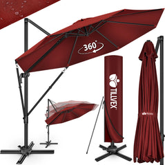 tillvex® Premium Aluminium Parasol Ø300 cm Rood + Hoes & Windbescherming | Zweefparasol, 6-voudig verstelbaar met slinger | Tuinparasol, 360° draaibaar, kantelbaar | Parasol met slinger, UV50+, Groot, Waterdicht