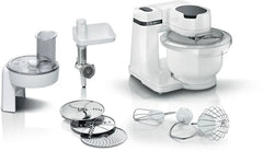 Bosch Keukenmachine serie 2, kleine keukenmachine, 3,8 l kunststof kom, doorloopsnijder, 4 schijven, 4 standen, kneedhaak/garde/klopper, vaatwasmachinebestendig, 700 W, wit