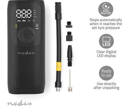 Nedis Draagbare Compressor – Luchtpomp met Zaklamp – Oplaadbaar – Auto tot Bal – Digitaal – 4 Mondstukken – 4000 mAH – Zwart